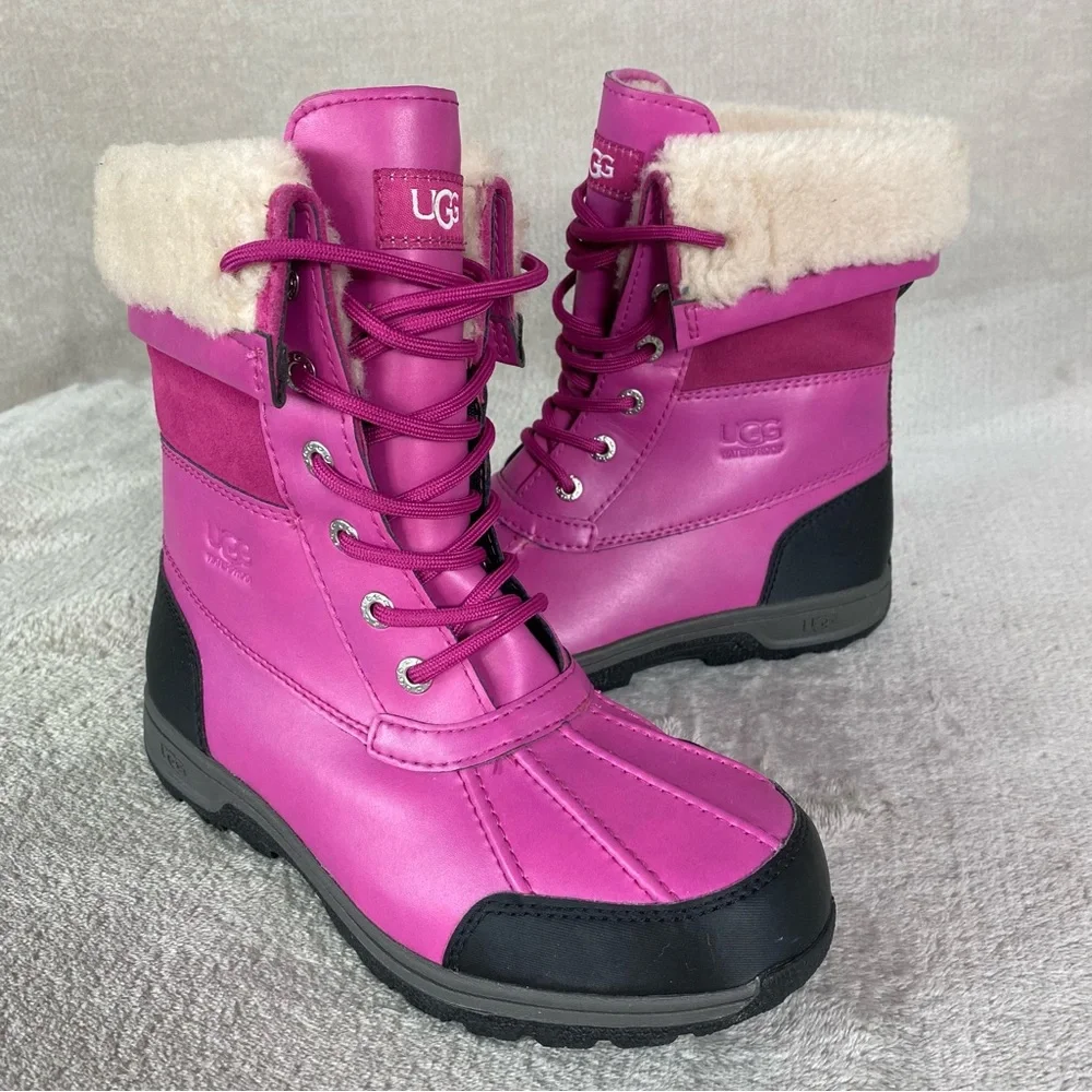 UGG Butte II Boots Girls‎ 5 Women 6 Pink Leather Waterproof Insulated Sheepskin